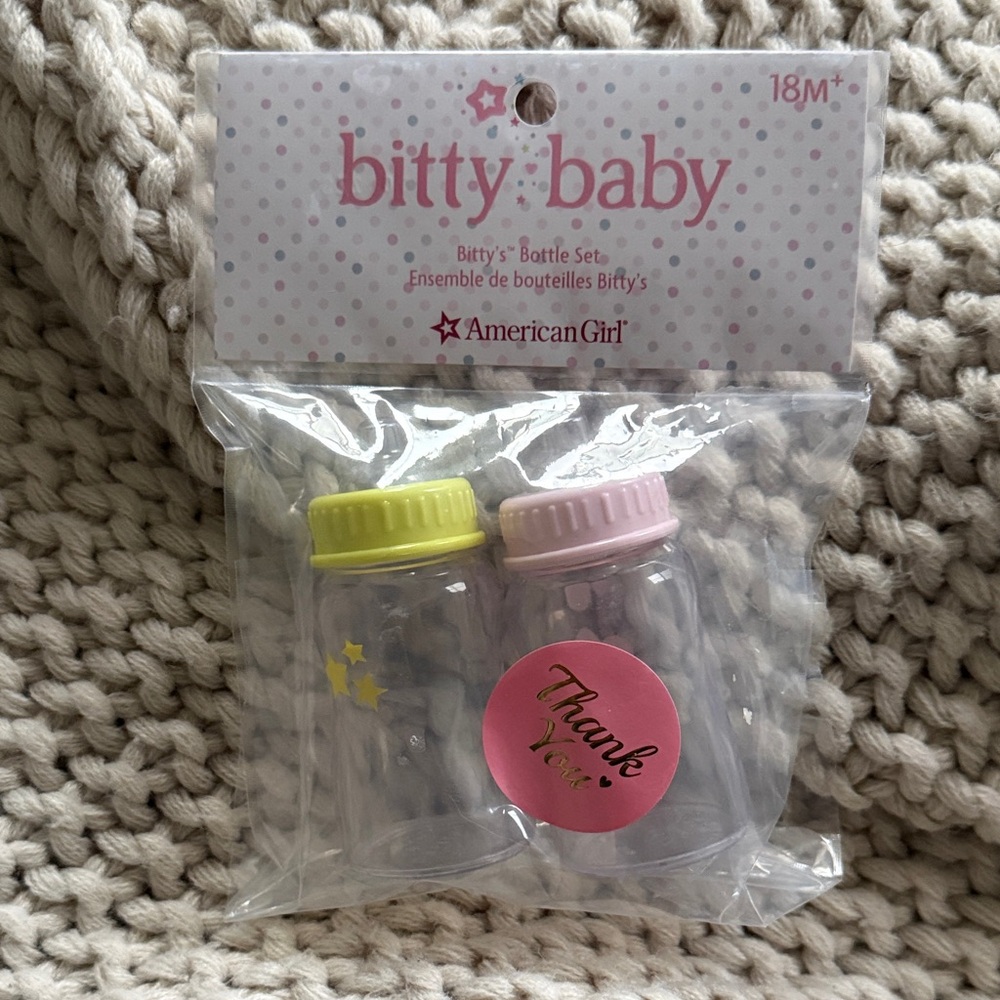 American Girl Bitty Baby Bottle Duo with Pink and Yellow Caps